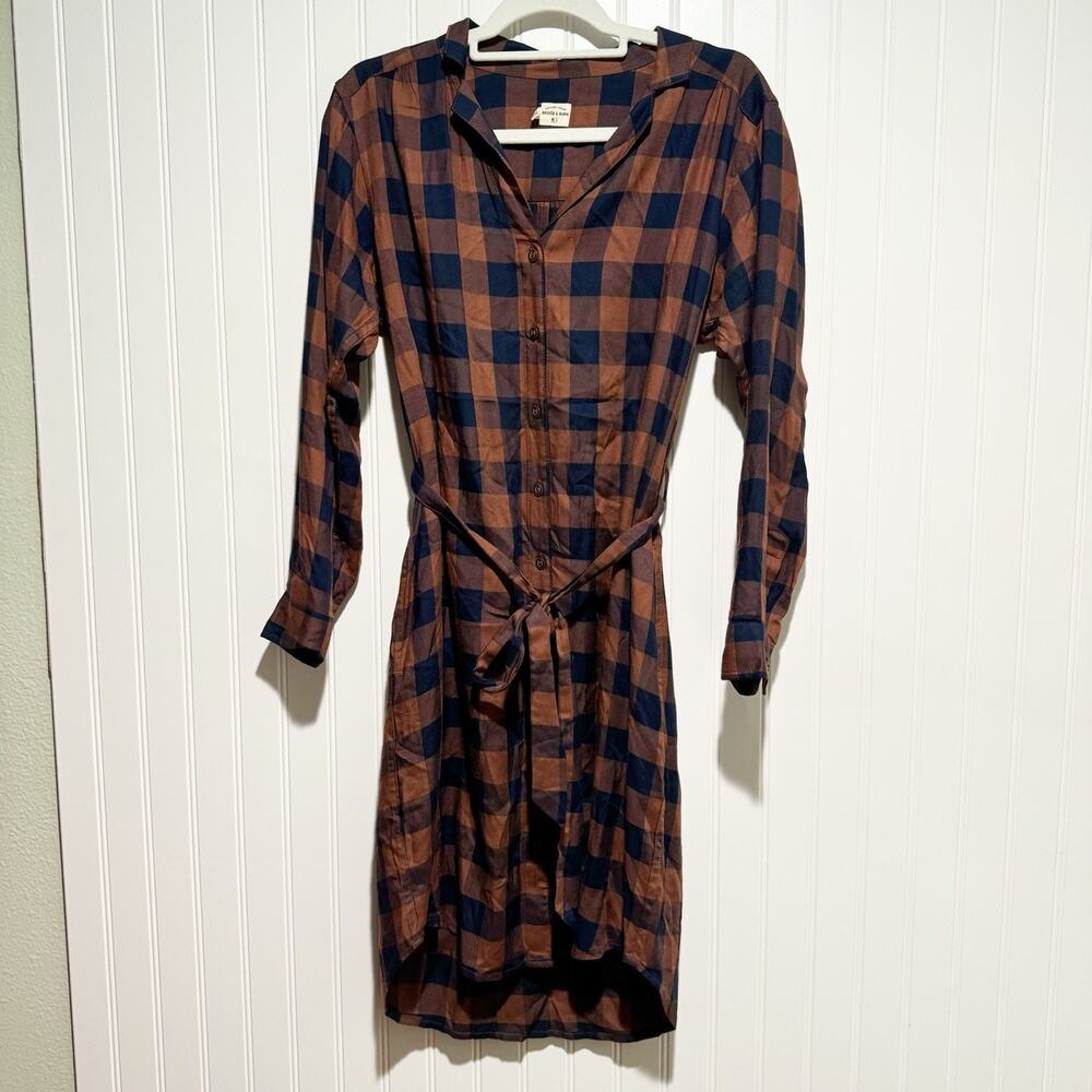 Bridge Burn Emery Gingham Plaid Shirt Dress Brown Navy Blue Size XS - Picture 2 of 7